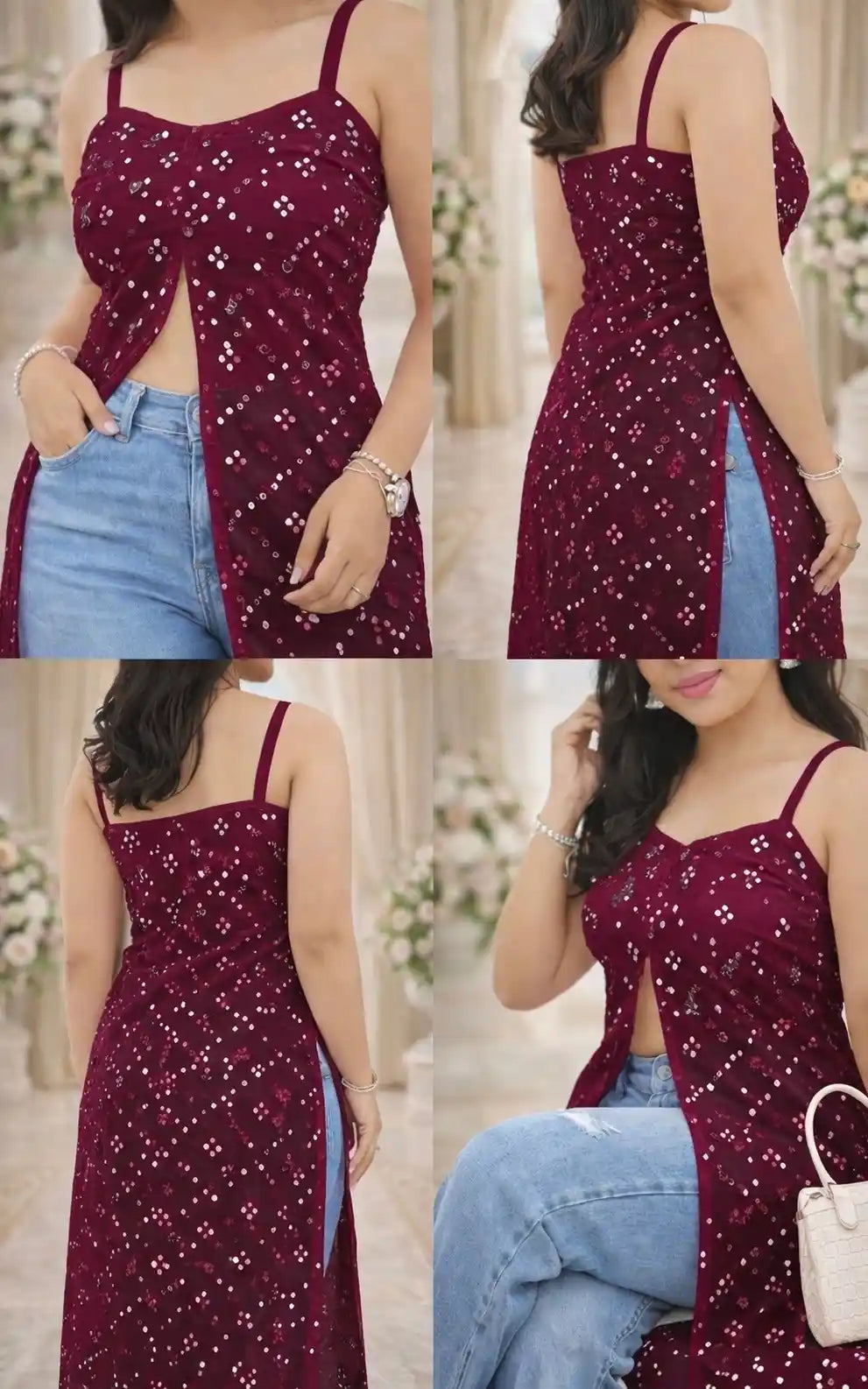 Shimmer Wine Embellished Mirror Kurta