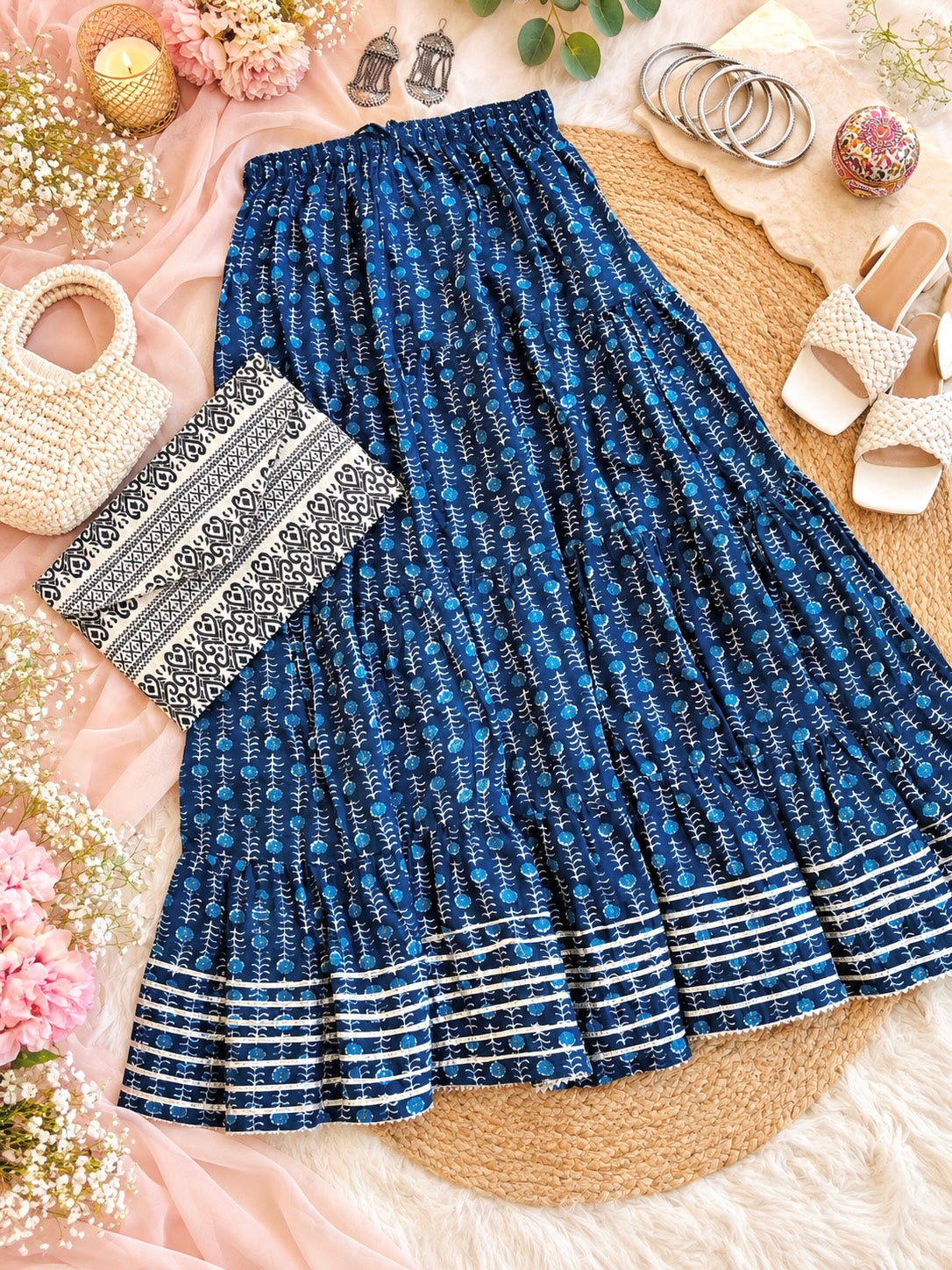 Rustic Jaipuri Indigo Flared Twirl Skirt
