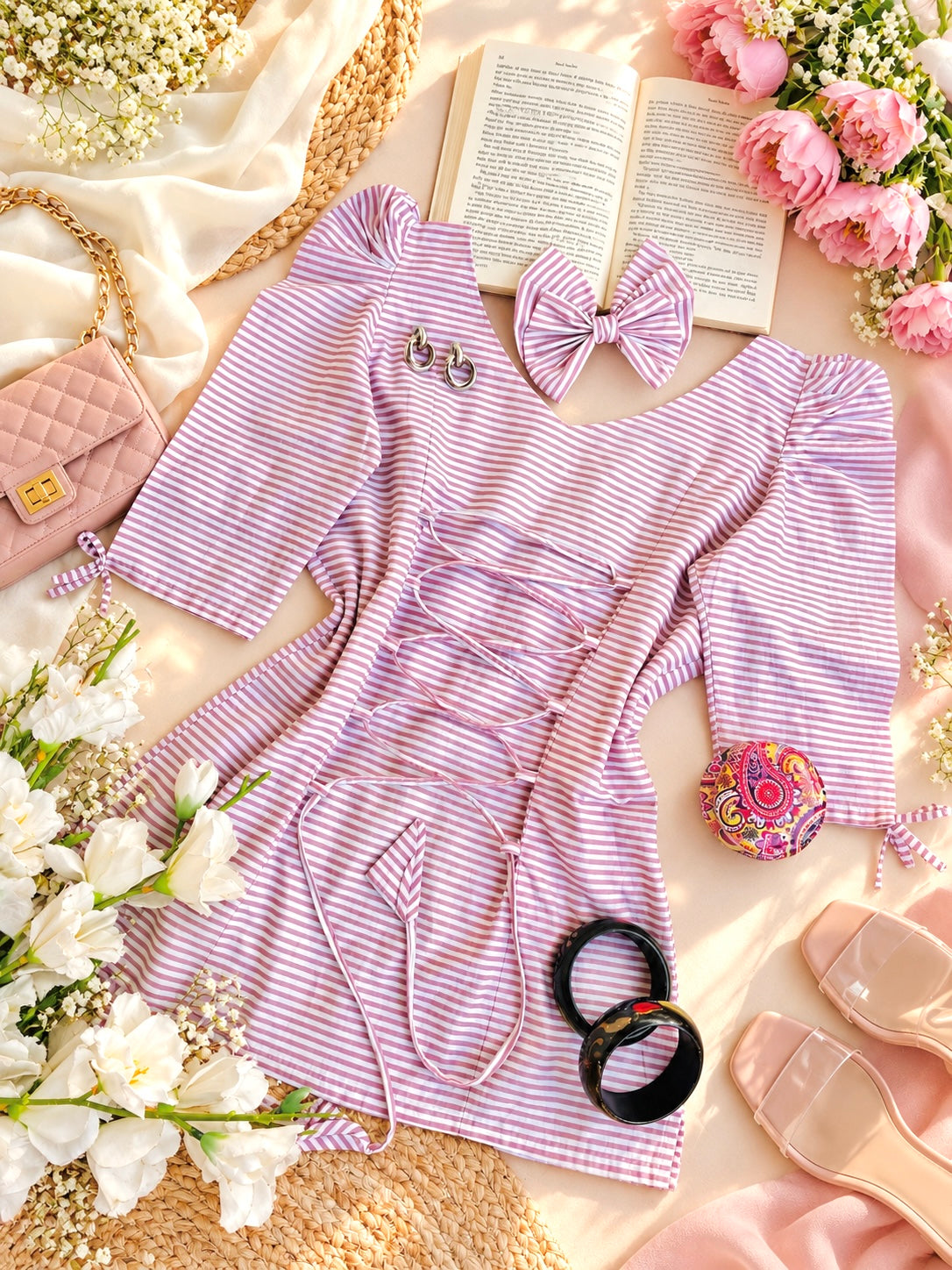 Striped Bow Detail Puff Sleeve Top