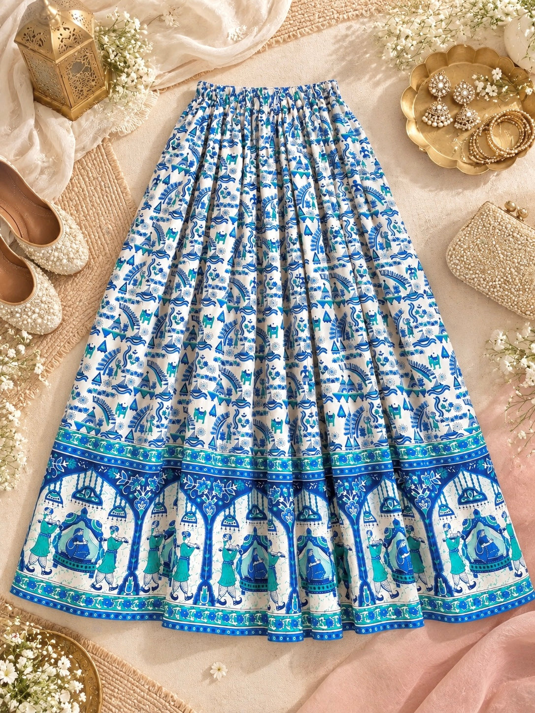 Blue Jaipuri Folk Art Printed Twirl Skirt