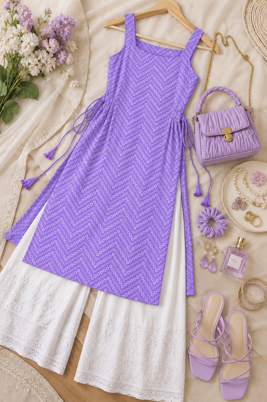 Gulnaz Lavender Chevron Embroidered Kurta