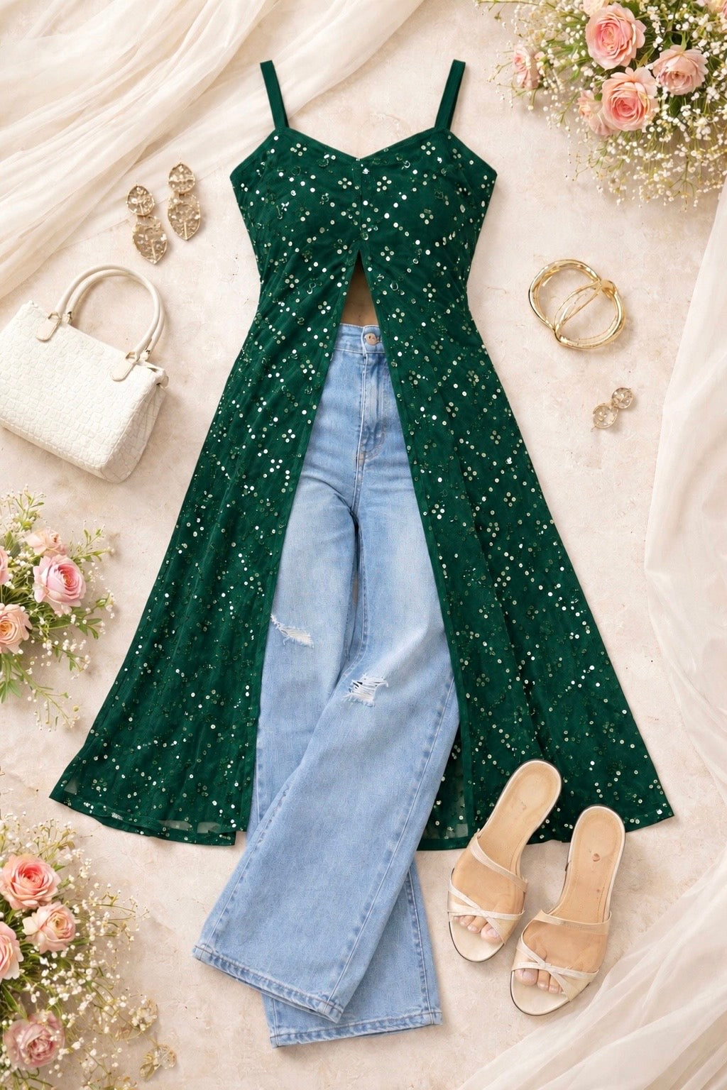 Shimmer Green Embellished Mirror Kurta