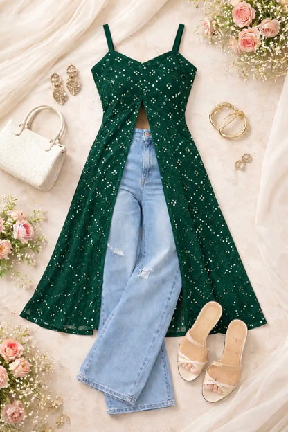 Shimmer Green Embellished Mirror Kurta