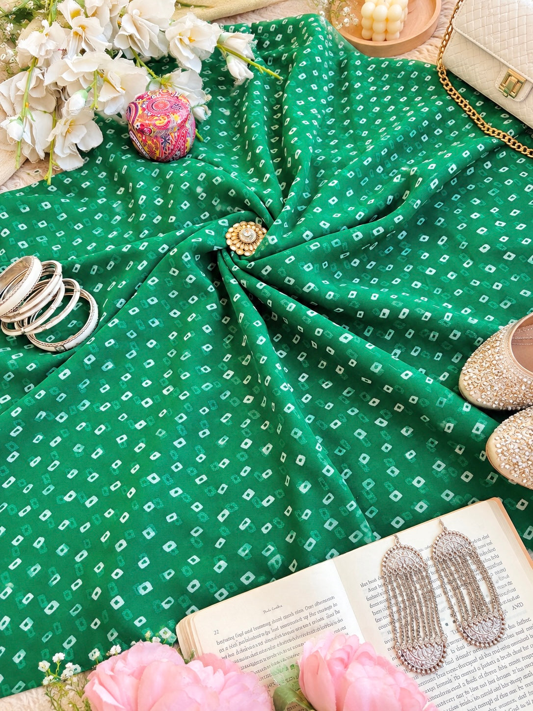 Emerald Green Bandhej Gulnaz Fabric Cut
