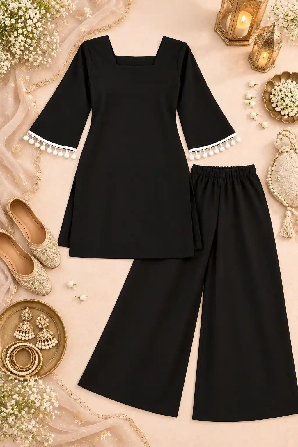 Black Pom Pom Kurta Set