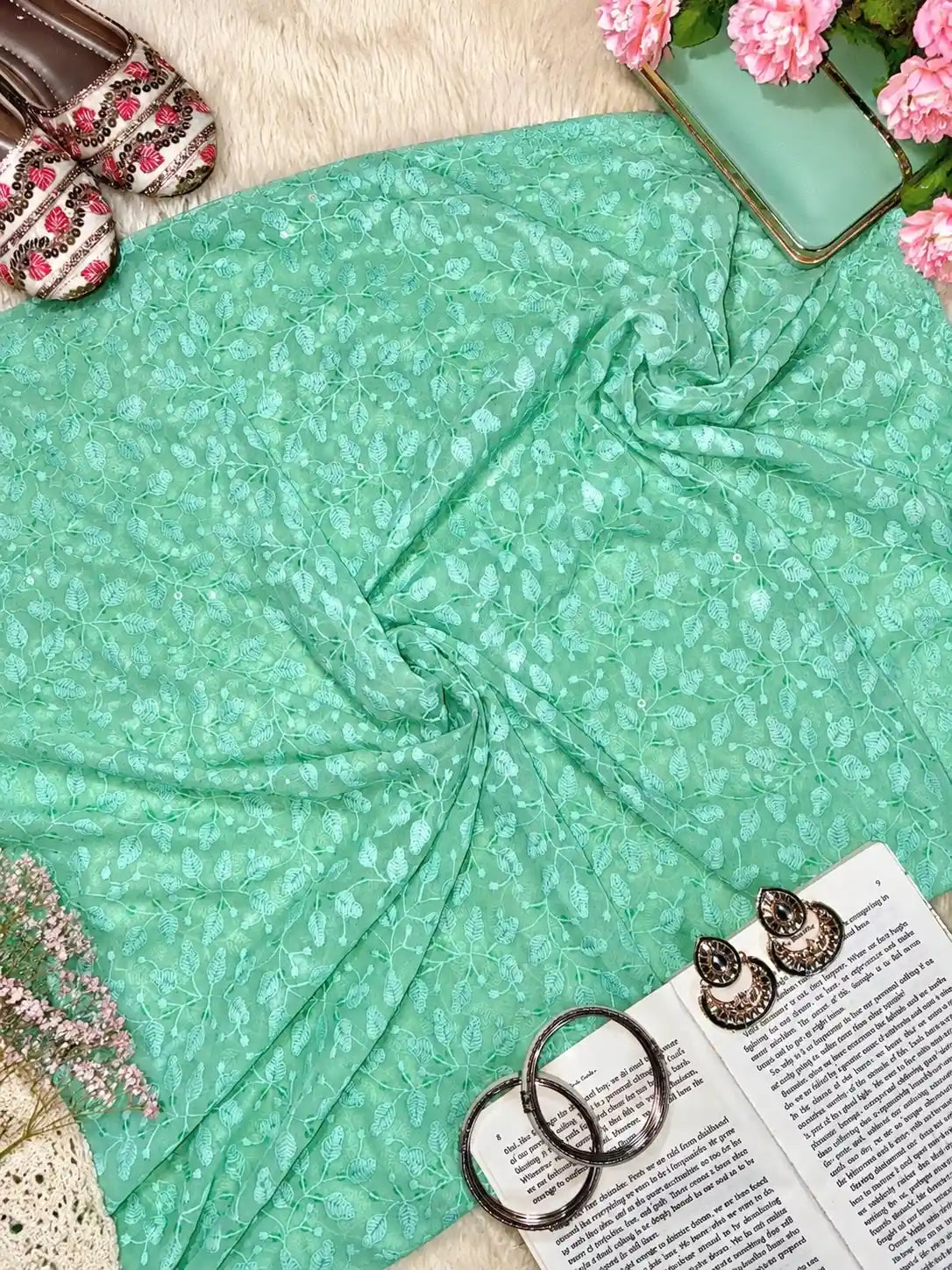 Mint Green Leafy Embroidered Fabric Cut