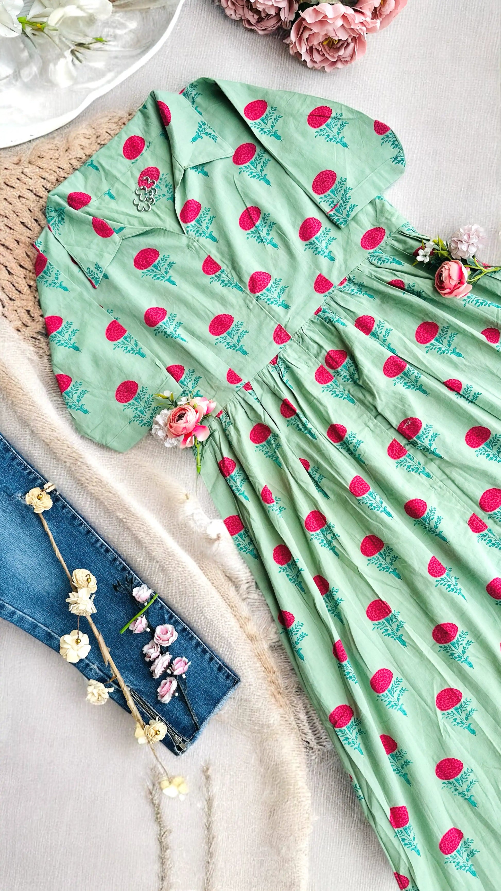 Soft Green Collar Block Print Dress - Passion for Fashion by Shivani