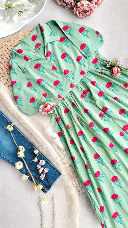 Soft Green Collar Block Print Dress - Passion for Fashion by Shivani