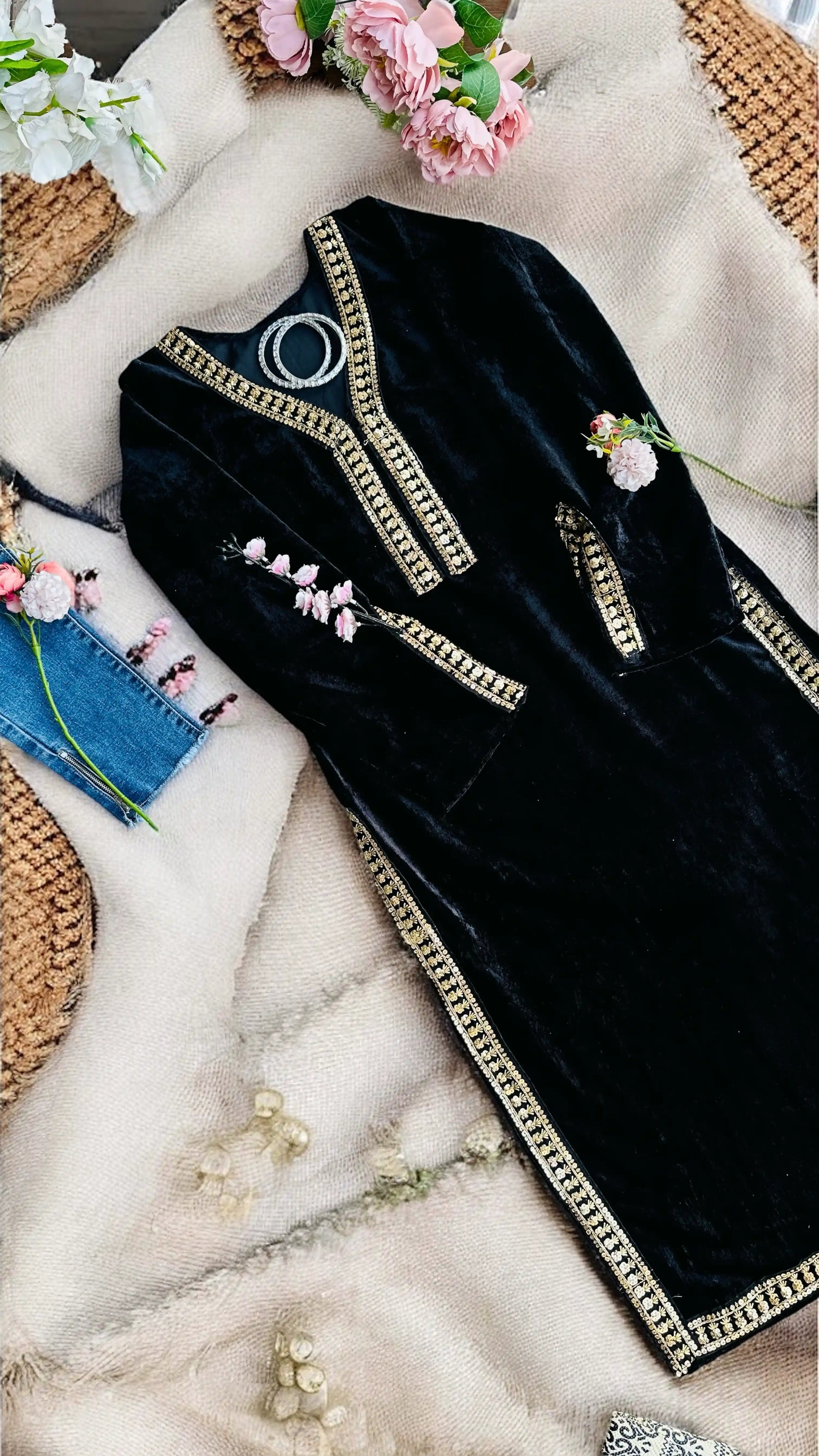Rose Black Velvet Gulnaz Kurta - Passion for Fashion by Shivani