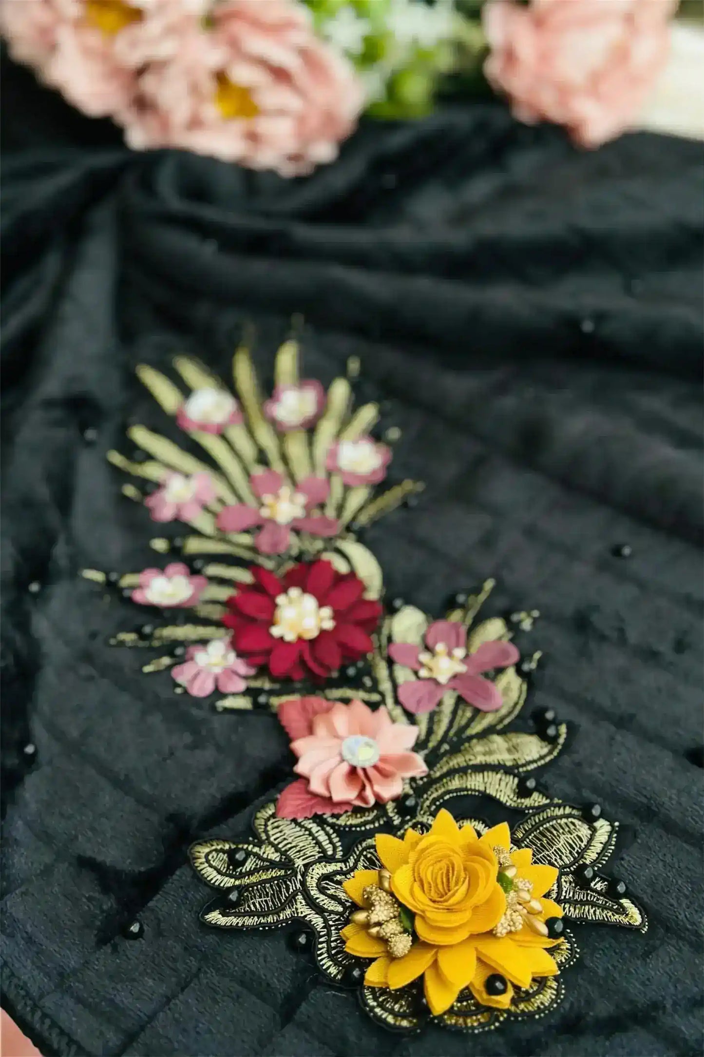 Embroidered Black Wool Winter Stole