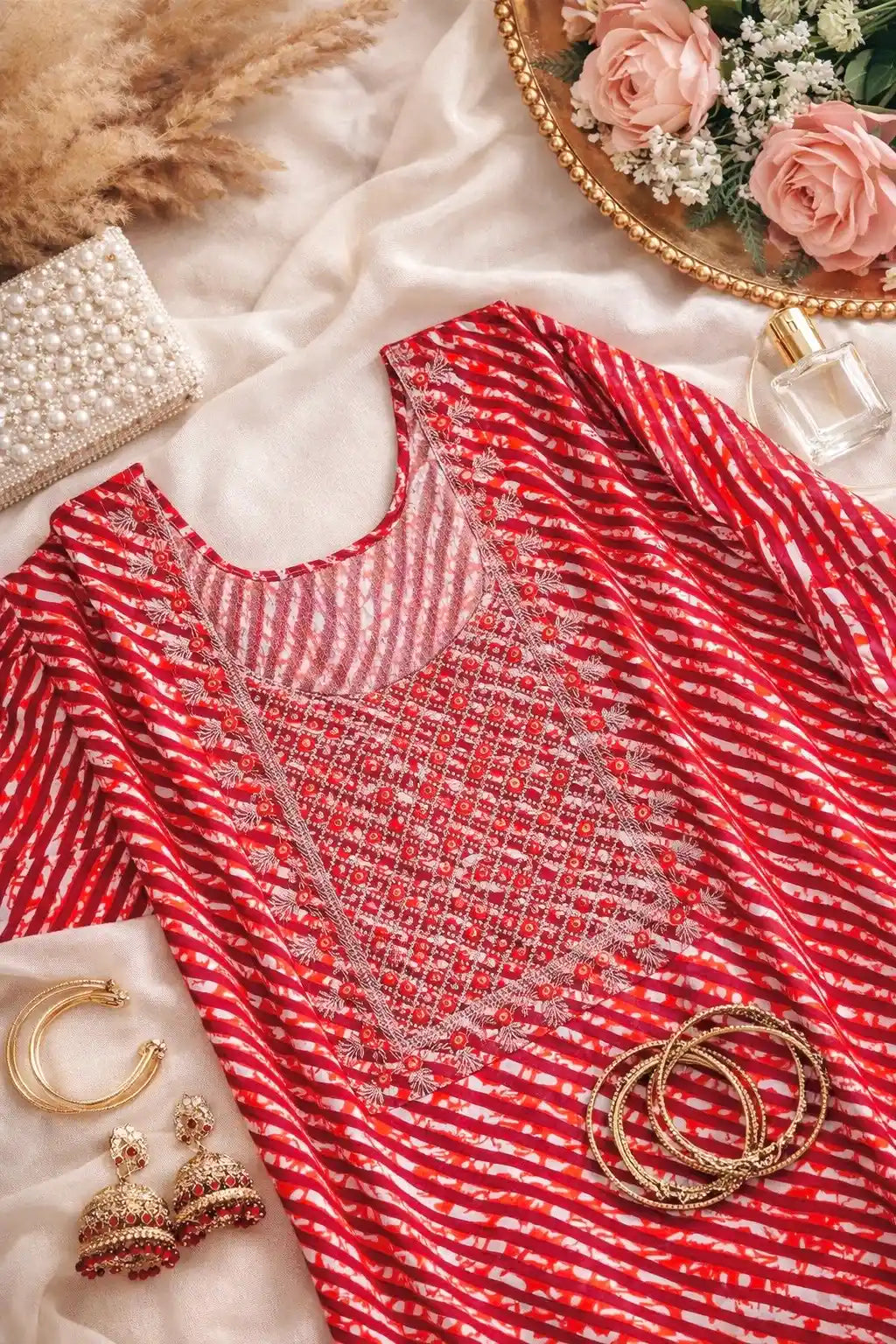 Blush Red Lehriya Short Kurta