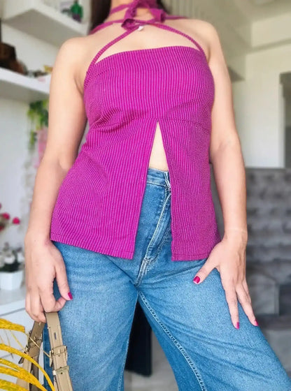 Magenta Pinstripe Halter Neck Slit Top