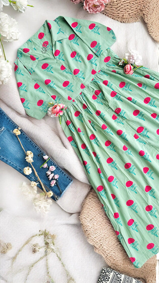 Soft Green Collar Block Print Dress - Passion for Fashion by Shivani