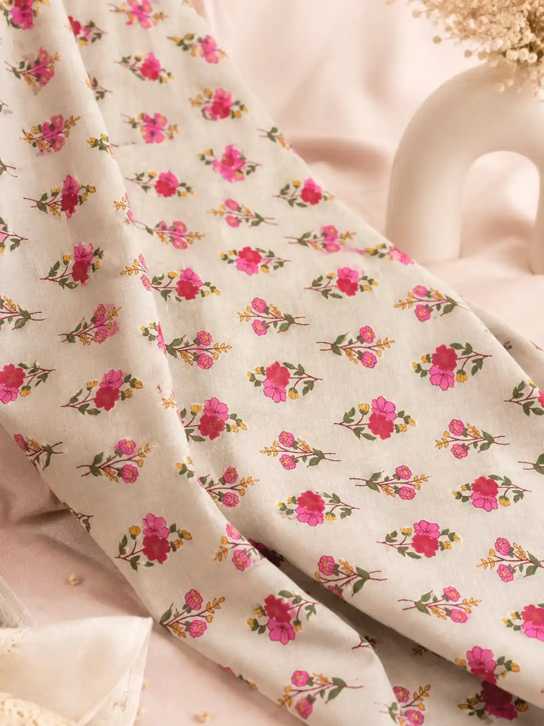 Off White Pink Floral Cotton Fabric Cut