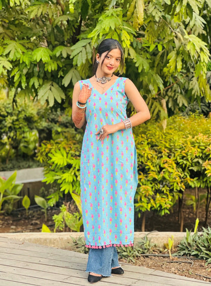 Blush Blue Jaipuri Mulmul Kurta