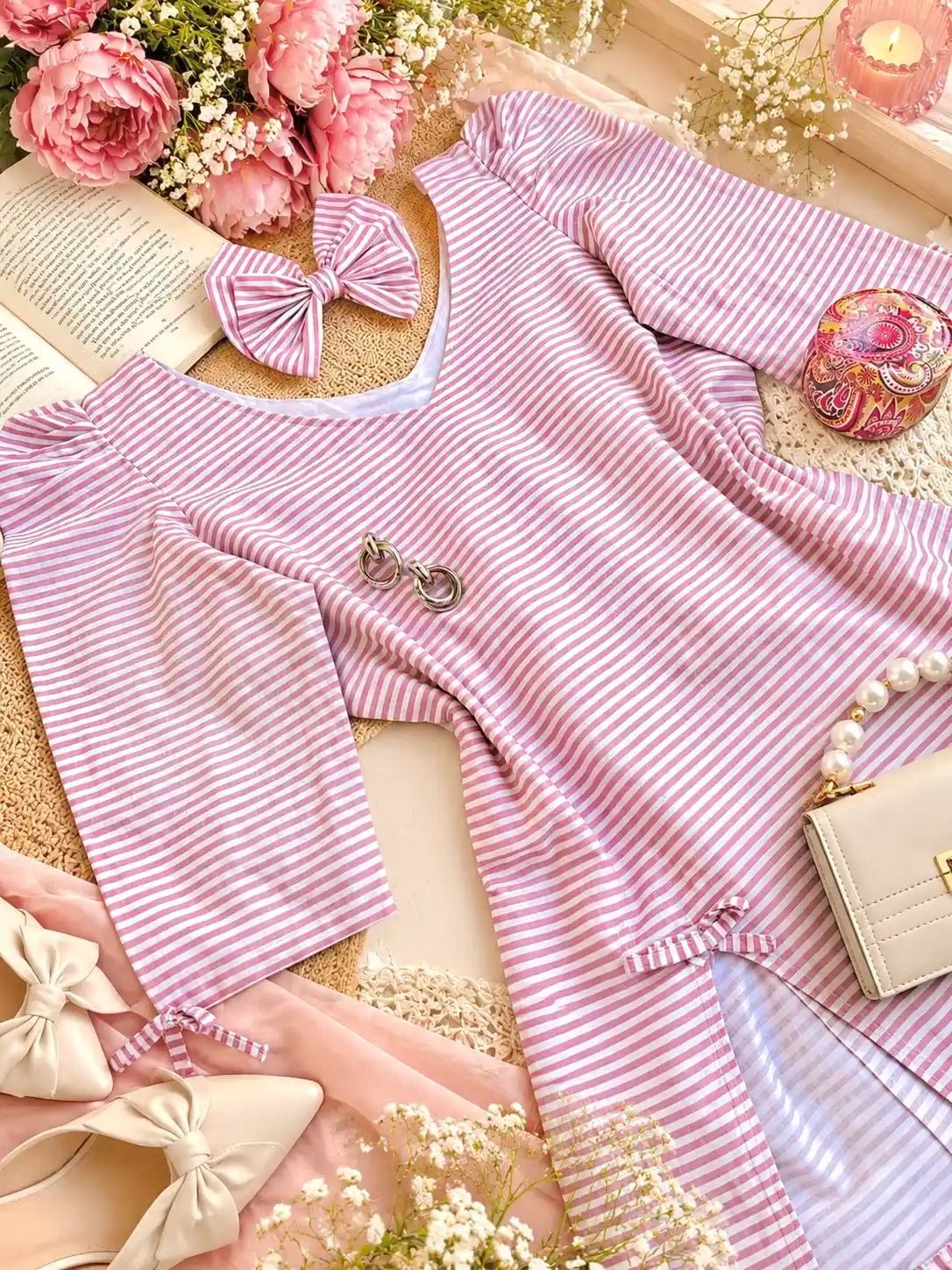 Striped Bow Detail Puff Sleeve Top