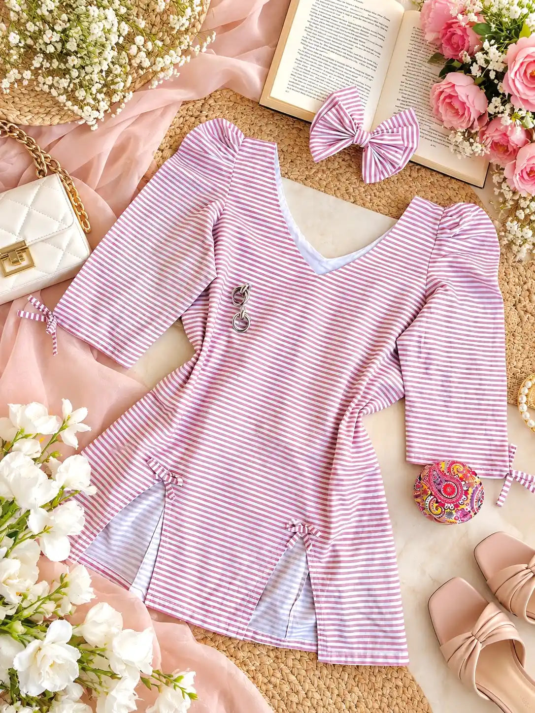 Striped Bow Detail Puff Sleeve Top