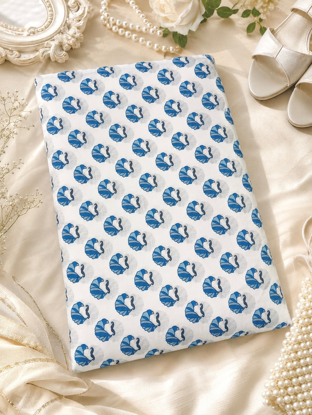 Blue Peacock Print Cotton Fabric Cut