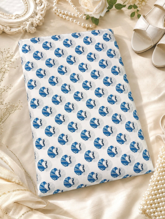 Blue Peacock Print Cotton Fabric Cut