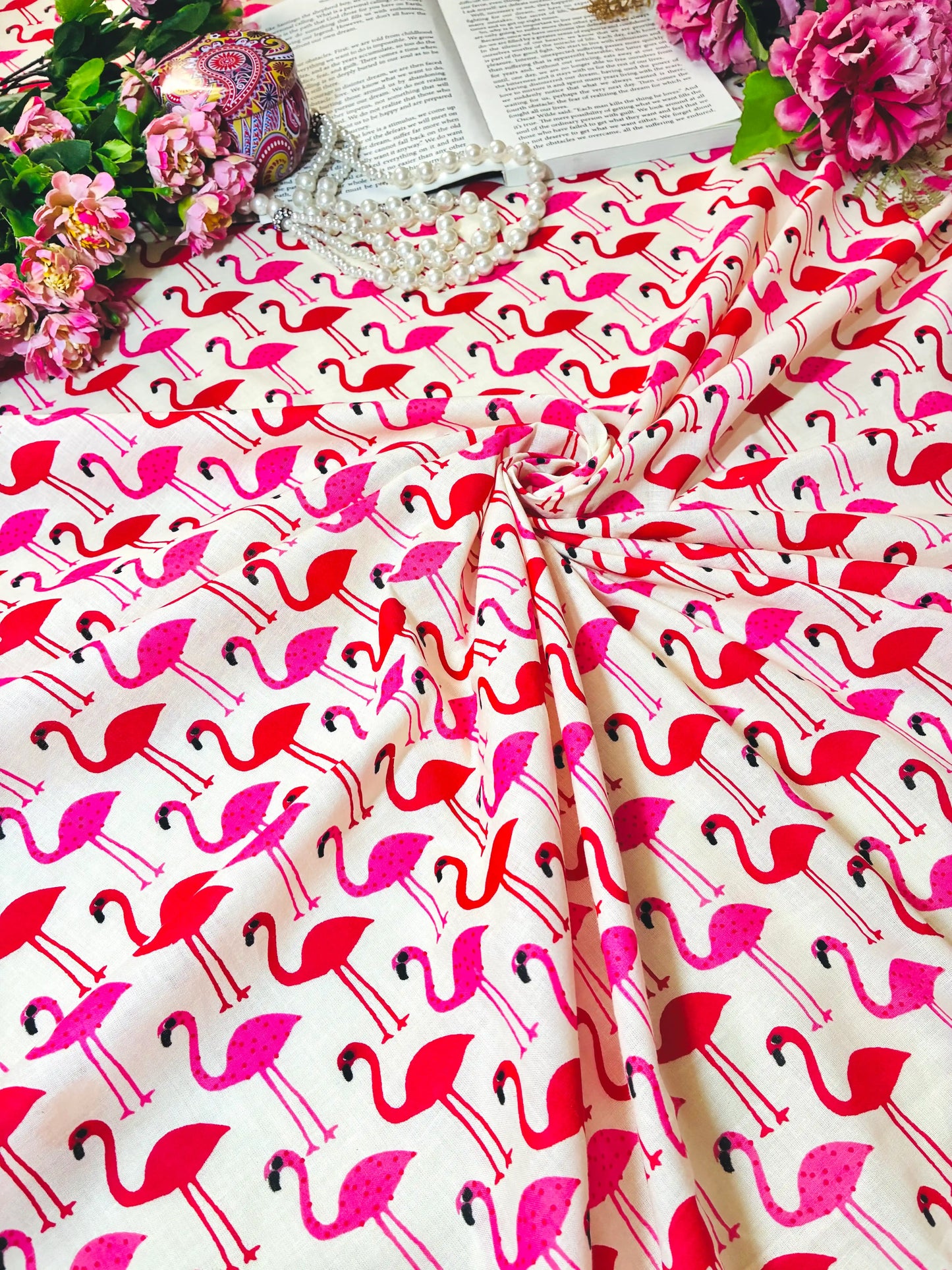 Pink Flamingo Print Cotton Fabric