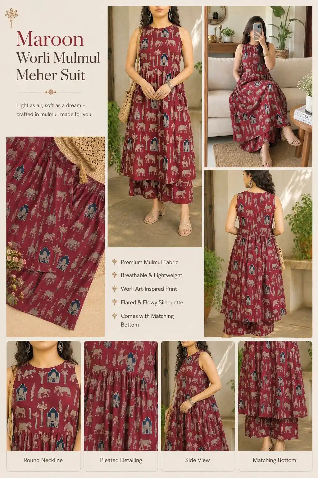 Maroon Worli Mulmul Meher Suit