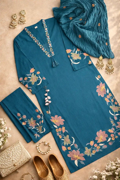 Meher Teal Bloom Embroidered Suit
