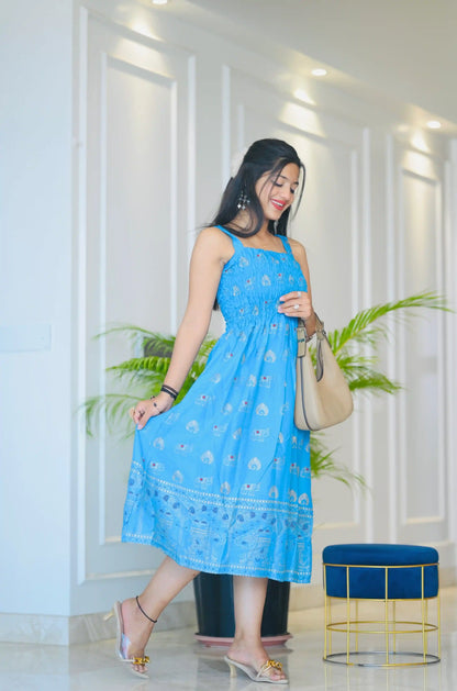 Jaipuri Blue Smoky Twirl Dress