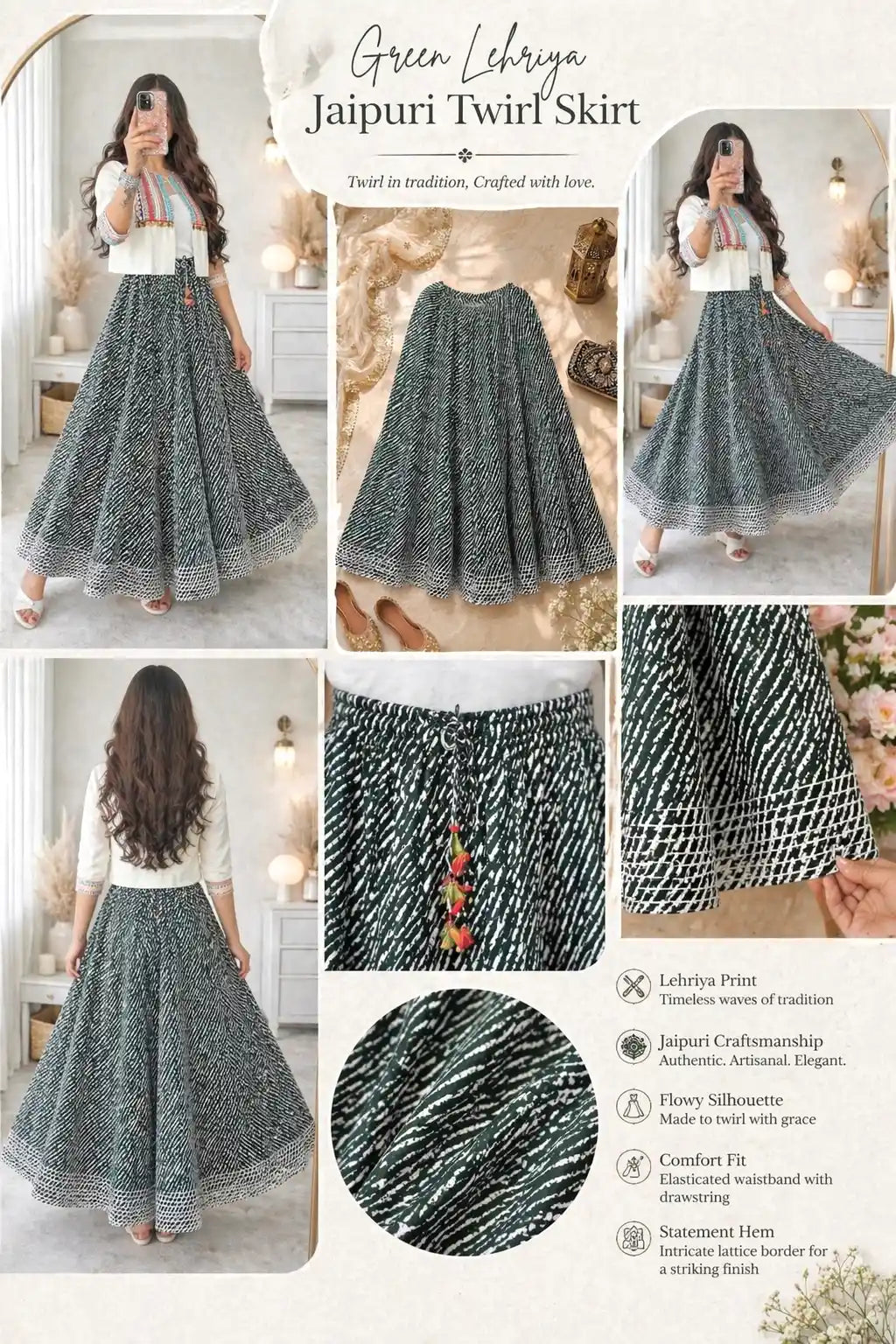 Green Lehriya Jaipuri Twirl Skirt