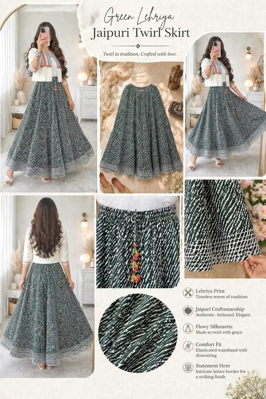 Green Lehriya Jaipuri Twirl Skirt
