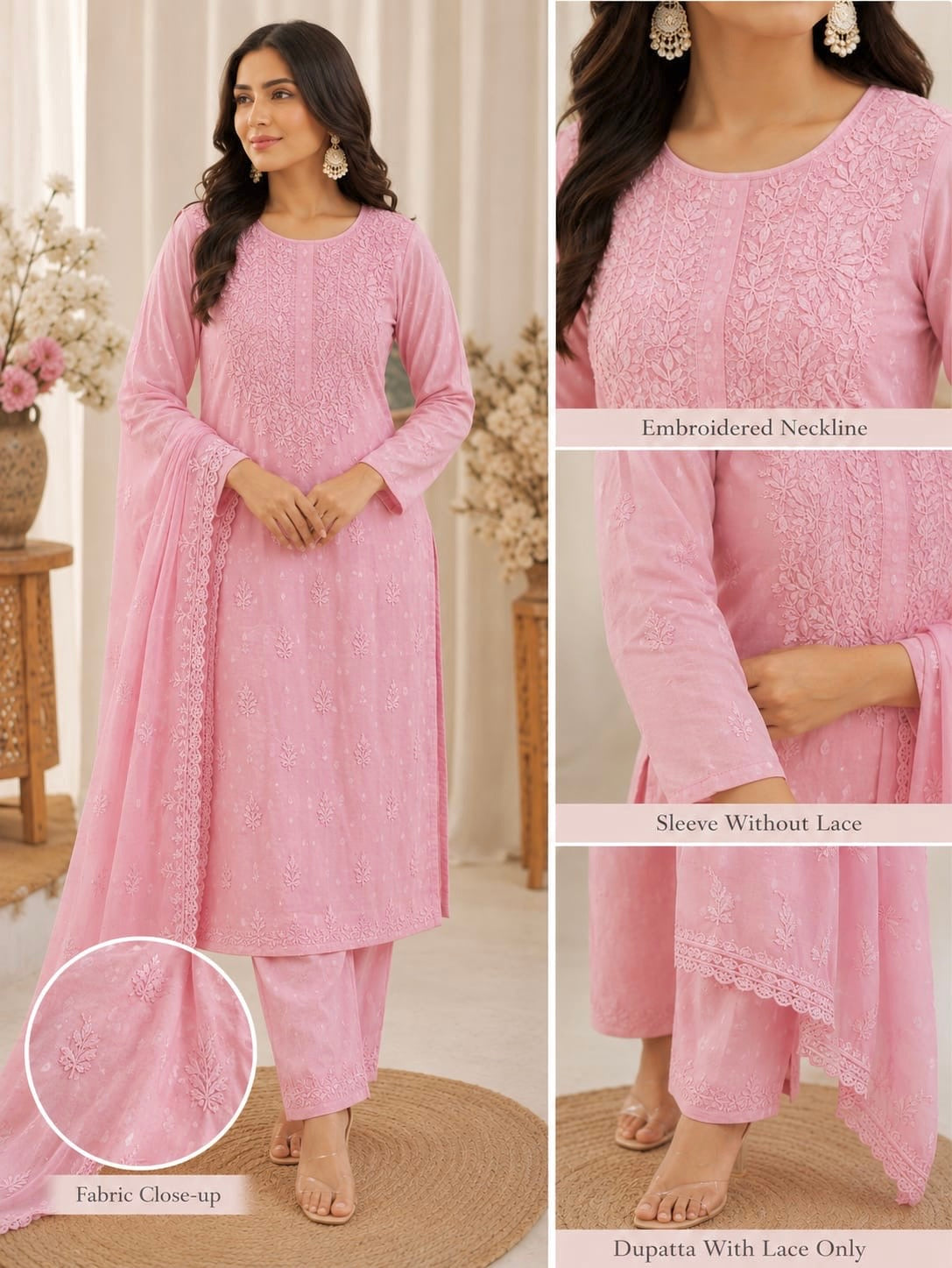 Pink Chikankari Embroidered Suit Set