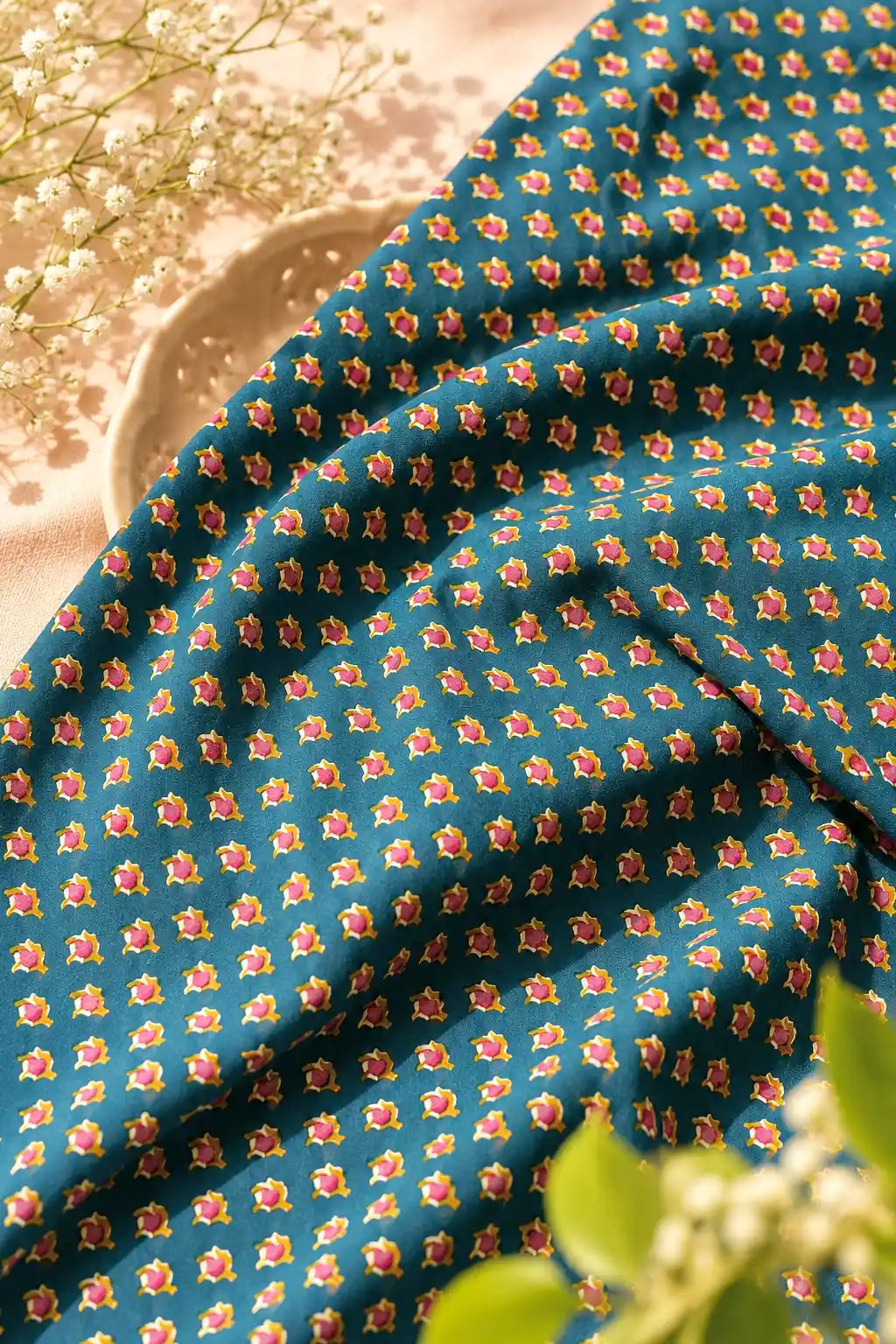 Teal Blue Floral Buti Cotton Fabric