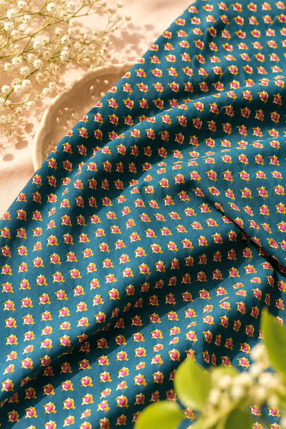 Teal Blue Floral Buti Cotton Fabric