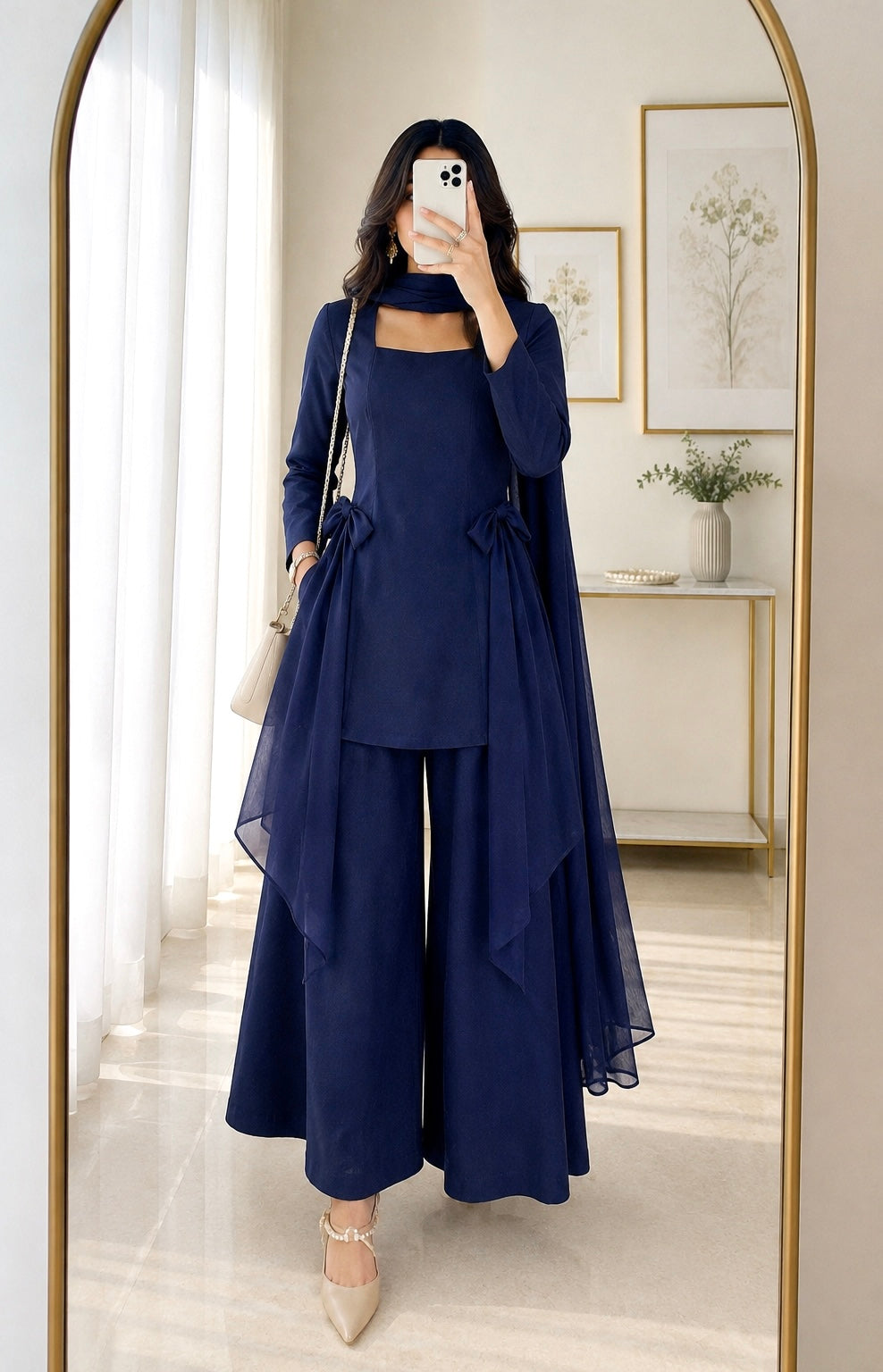 Midnight Blue Bow Styled Kurta Set