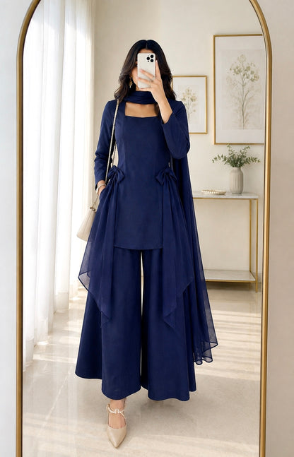 Midnight Blue Bow Styled Kurta Set