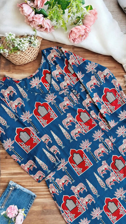 Warli Blue Mul Budget Kurta