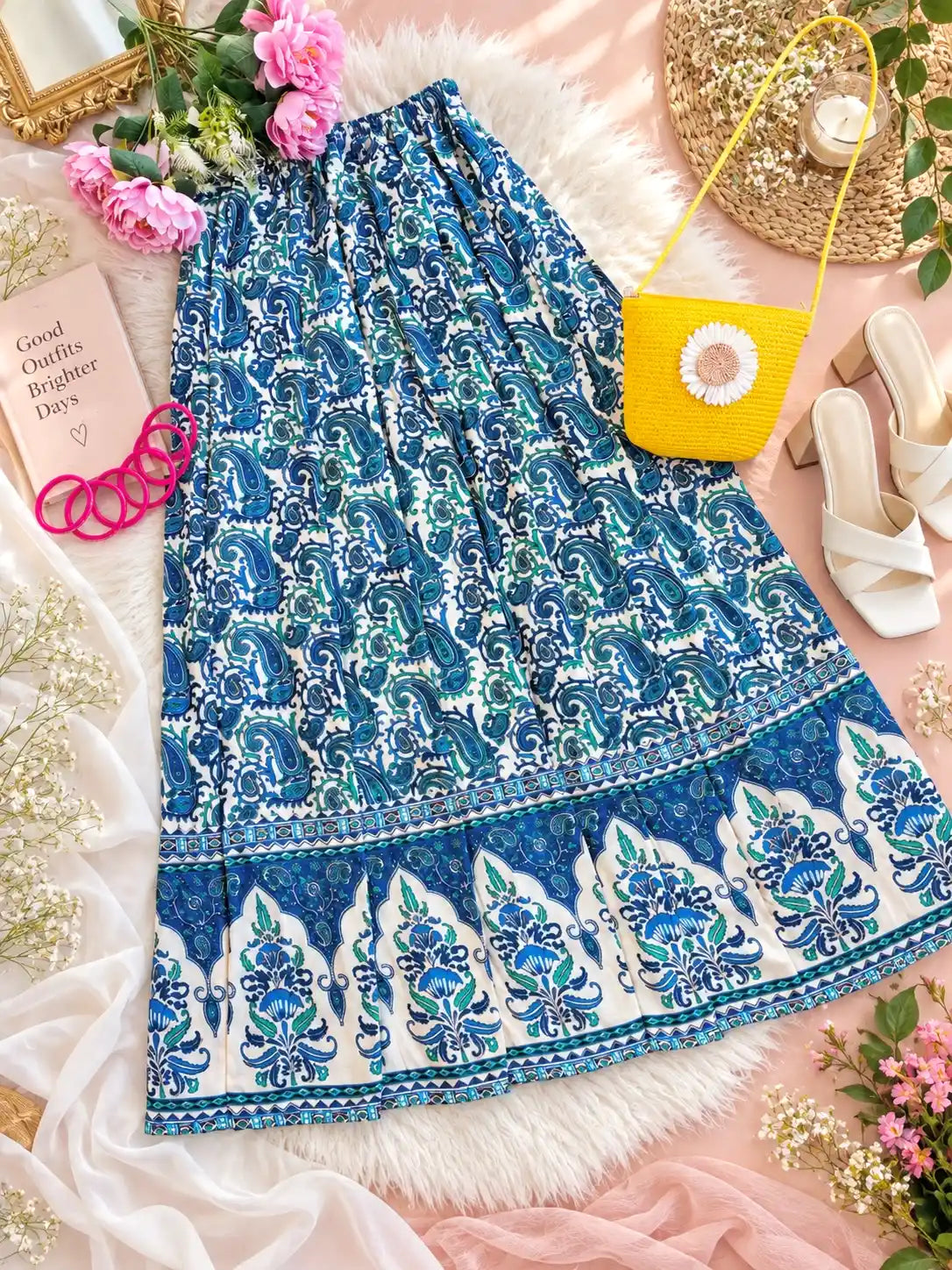 Blue Paisley Jaipuri Flared Cotton Skirt