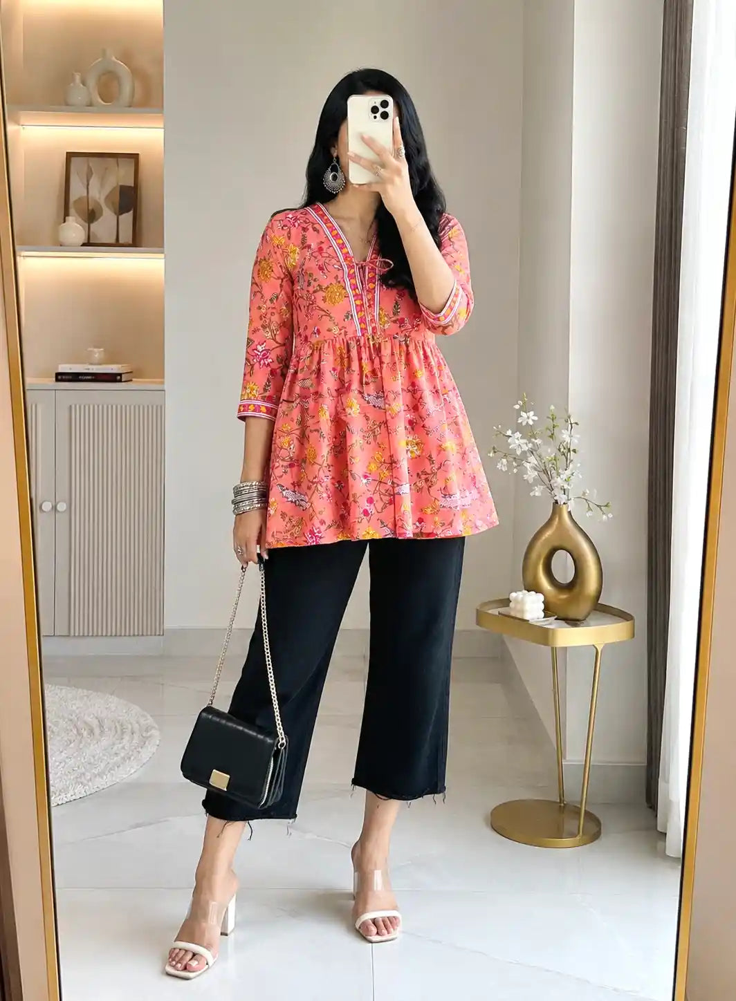 Pretty Peach Kalamkari Short Denim Kurta