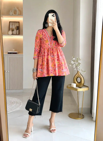 Pretty Peach Kalamkari Short Denim Kurta