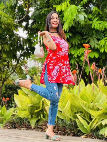 Crimson Red Naaz Chikan Short Kurta