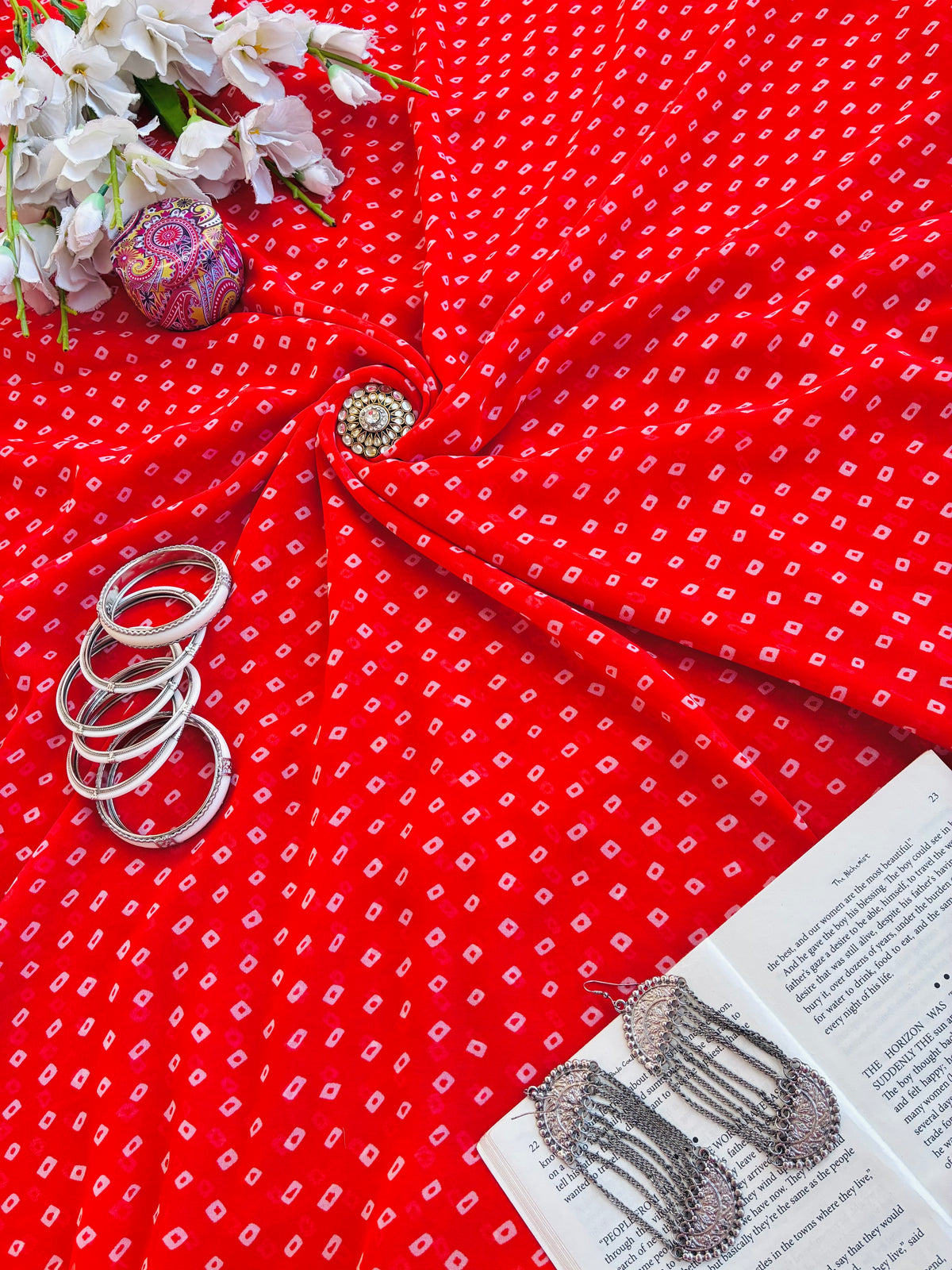 Ruby Red Bandhej Gulnaz Fabric Cut