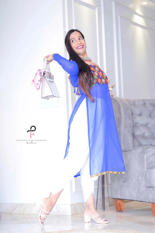 Hot Blue Gulnaz Embroidered Kurta