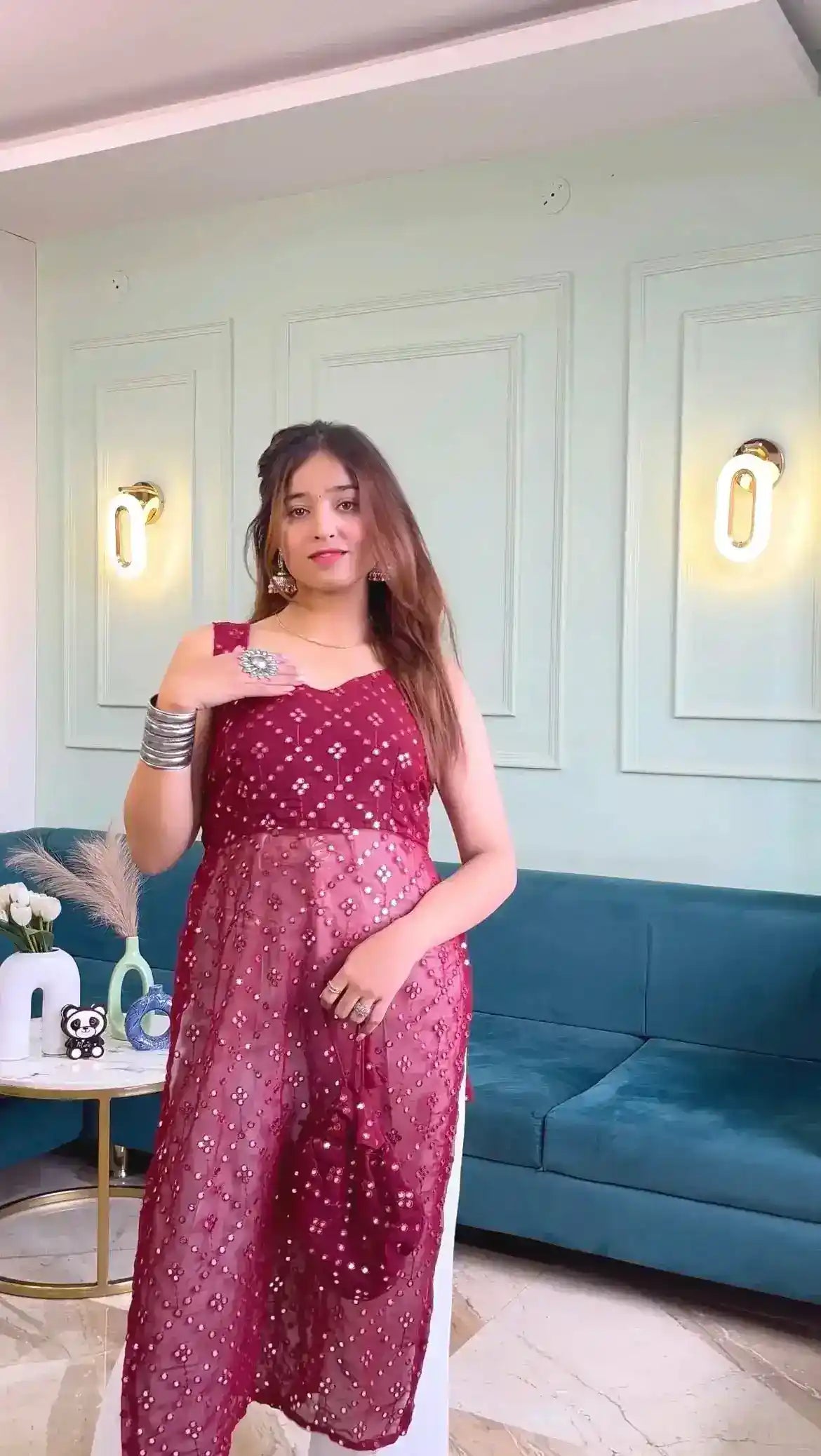 Manie's Claret Maroon Gulnaz Kurta
