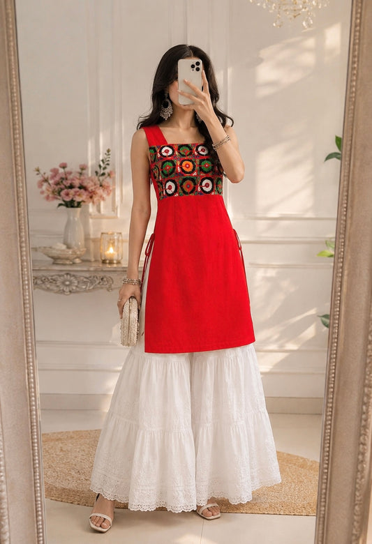 Kutchi Embroidered Red Gulnaz Kurta