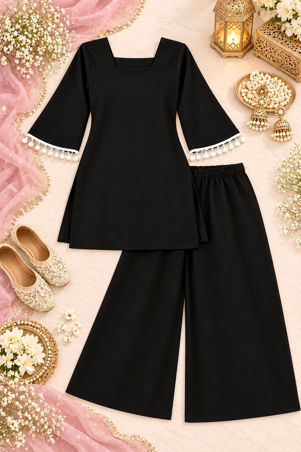 Black Pom Pom Kurta Set