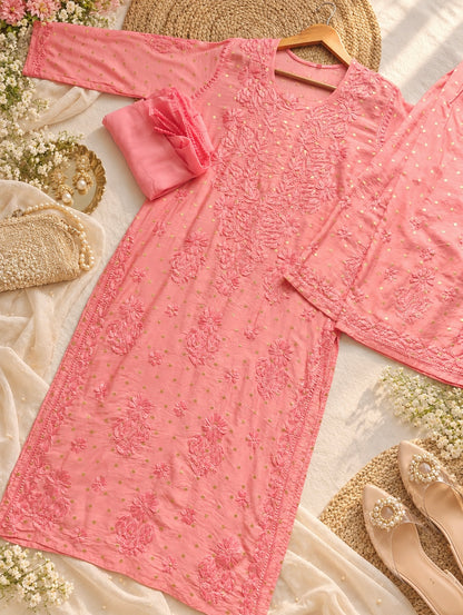Rose Peach Chikankari Embroidered Suit Set