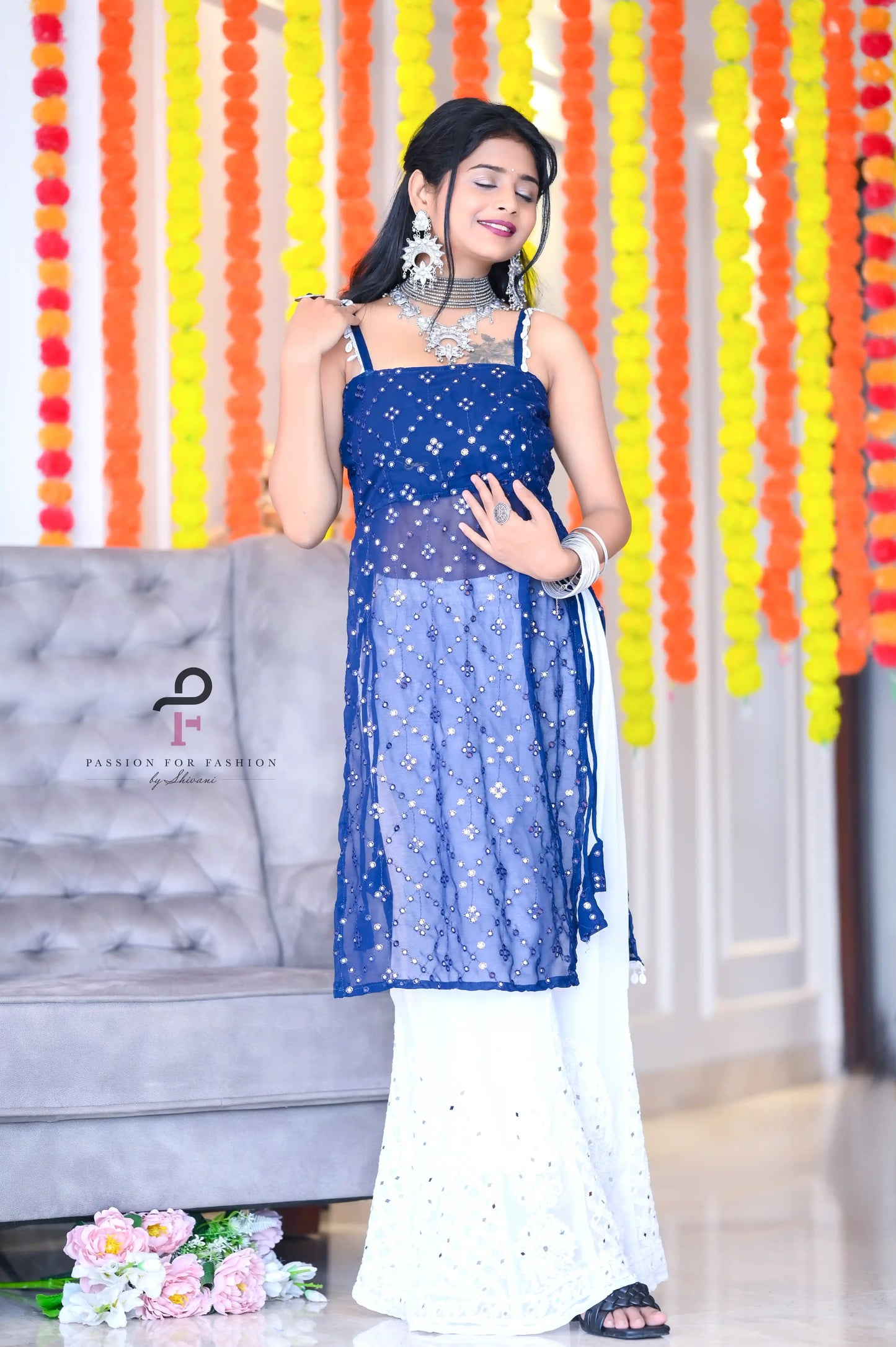 Shimmer Blue Gulnaz Embroidered Kurta