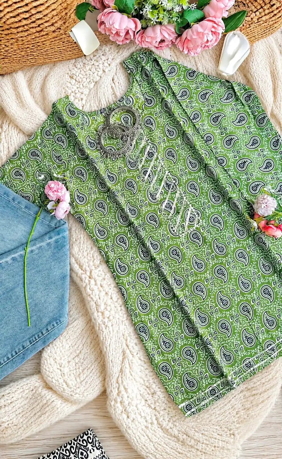 Green Jaipuri Cotton Short Kurta