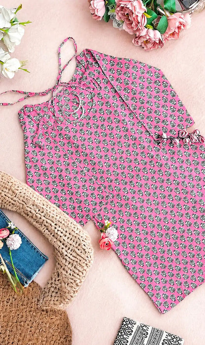 Pink Block Jaipuri Back-Tie Top
