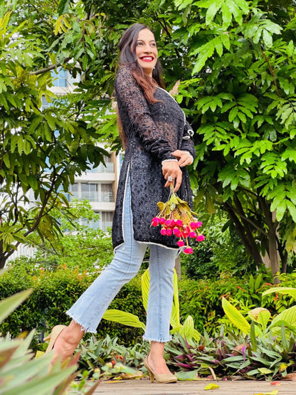Black Leaf Angrakha Style Kurta