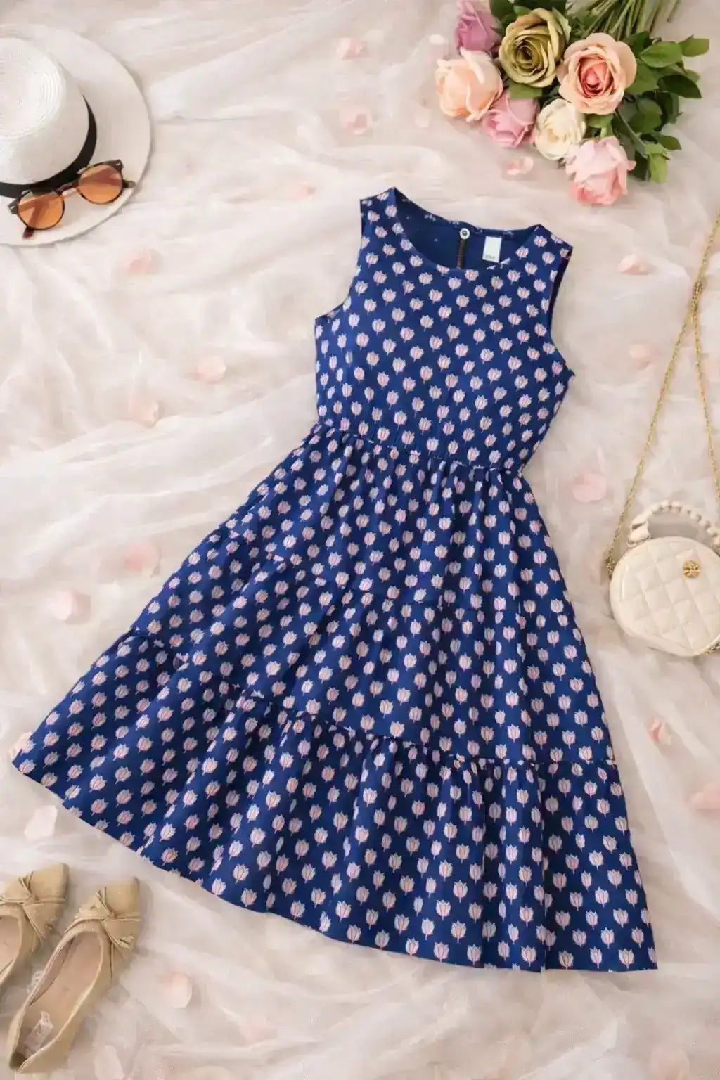 Blue Lotus Print Cotton Dress